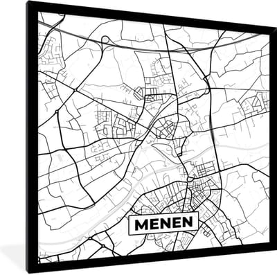 Fotolijst incl. Poster Zwart Wit- Kaart – Plattegrond – Stadskaart – Menen – België – Zwart Wit - 40x40 cm - Posterlijst