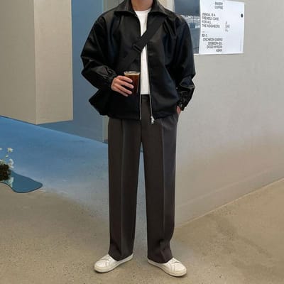 Eenvoudige Retro Leren Jas met Kraag voor Mannen Lente Losse Motorfiets Leren Jas Koreaanse Stijl Trendy Knappe Jas 2XL zwart
