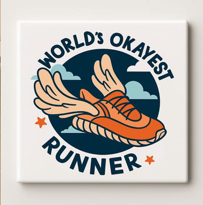 World’s Okayest Runner Grappige Tegel 15x15cm – Humoristische Fitness Wanddecoratie, Perfect Cadeau voor Hardlopers en Sportliefhebbers