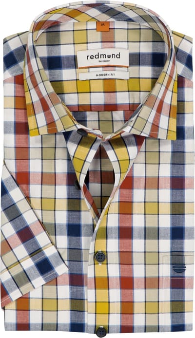 Redmond modern fit overhemd - korte mouw - chambray - blauw met wit - rood en geel geruit