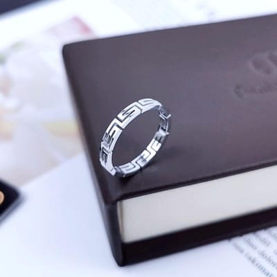 Bague d'amour pour femmes, clé grecque méandre, motif grand mur creux en acier titane, cadeau rétro éternel, porte-bonheur 5 argenté