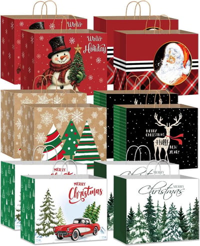 12 Stuks Kerst Papieren Zakken met Handvat - Cadeauverpakking en Geschenktasjes