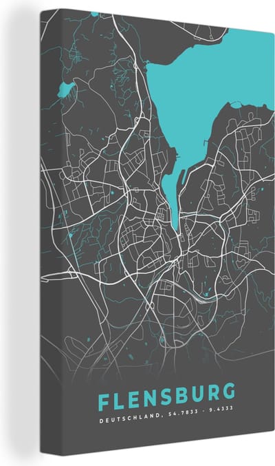 Canvas Schilderij Stadskaart – Plattegrond – Duitsland – Blauw – Flensburg – Kaart - 20x30 cm - Wanddecoratie