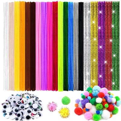 100 Stuks Pijp Reinigers in 2 Stijlen, Kleurrijke Chenille Draad met 150 Beweegbare Ogen en 250 Multicolor Pompoms voor Creatieve DIY Projecten en Decoraties