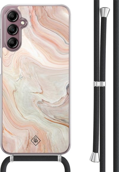 Casimoda® hoesje met koord - Geschikt voor Samsung A14 - Marmer Waves - Afneembaar koord - TPU/acryl - Bruin/beige
