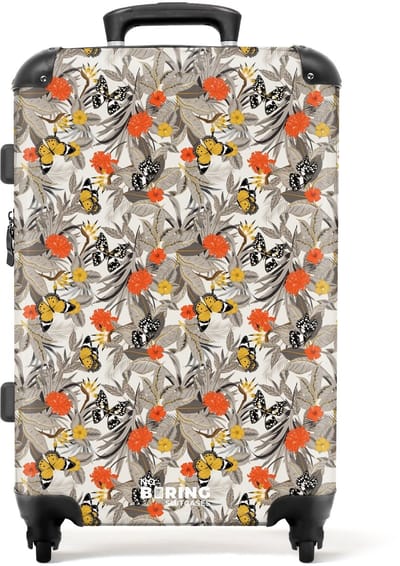 NoBoringSuitcases.com - Grote koffer - Tropisch vlinder patroon oranje geel - Kinderkoffer geschikt voor jongen en meisjes - Reiskoffer met 4 wielen - Trolley op wieltjes - Rolkoffer groot kinderen - 72 liter - Ruimbagage valies 20kg