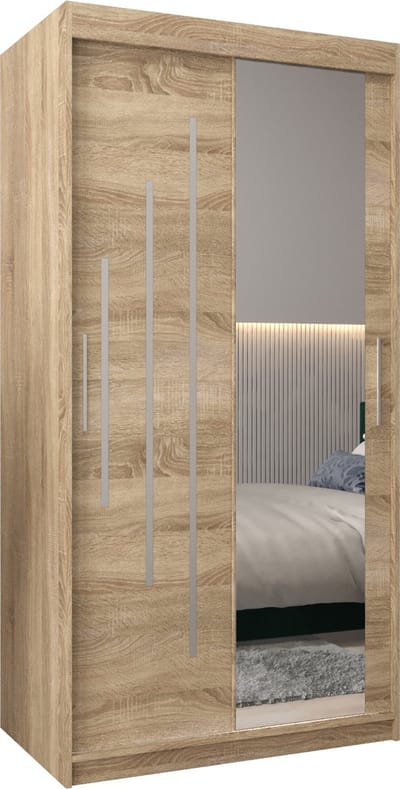 InspireMe - Kledingkast met 2 schuifdeuren, Modern-stijl, Een kledingkast met planken en een spiegel (BxHxD): 100x200x62 - MALTESE II 100 Sonoma Eik