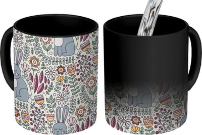 Magische Mok - Foto op Warmte Mokken - Koffiemok - Konijn - Bloemen - regenboog - Kinderen - Design - Magic Mok - Beker - 350 ML - Theemok