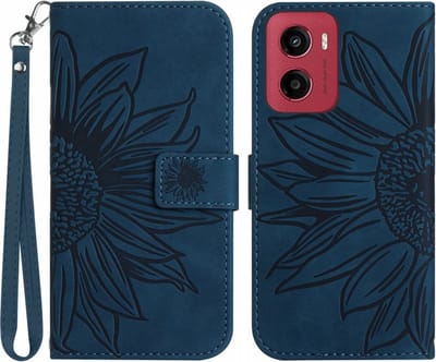 Coverup Hoesje - Geschikt voor Motorola Moto G05 / E15 Hoesje - Coverup Zonnebloem Book Case met Koord - Donkerblauw