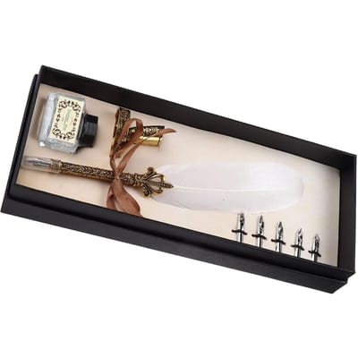 Kielpen Set Ambachtelijk Retro Gesneden Roestvrij Staal Schrijfpak voor Handtekening Cadeau Tafel wit
