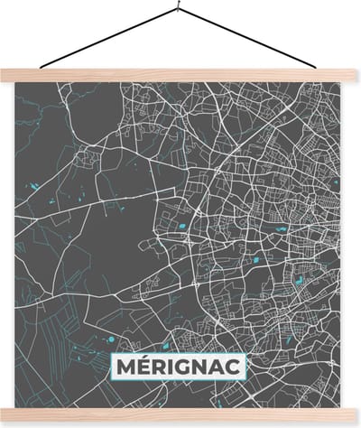 Posterhanger incl. Poster 40x40 cm - Schoolplaat - Mérignac - Frankrijk - Kaart - Plattegrond - Stadskaart - Textielposter - Blanke latten - Stadskaart