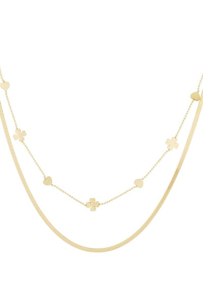 Yehwang Clover Heart - Ketting - Dubbele ketting - Stainless steel - Lengte 40 cm + 5 cm verlenging - Goudkleurig