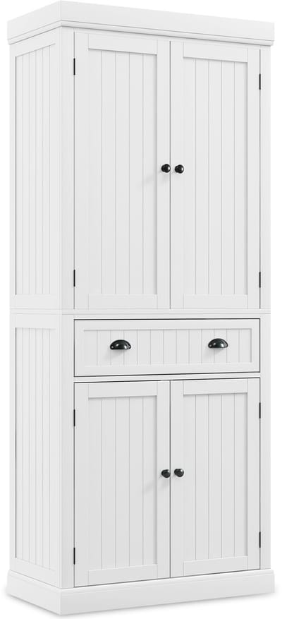 COSTWAY Keukenkast van hout, buffetkast met verstelbare planken, 4 deuren en laden, hoge kast, keukenbuffet, vrijstaand voor keuken, eetkamer, woonkamer, 76 x 40 x 183 cm