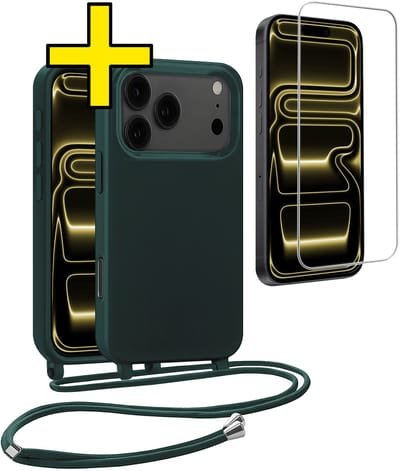 Hoesje Geschikt voor iPhone 17 Pro Hoesje Met Koord Met Screenprotector Siliconen Case - Hoes Geschikt voor iPhone 17 Pro Backcover Met Afneembaar Koord - Donkergroen