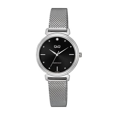 Q&Q Q27B-003PY - Horloge - Vrouwen - Dames - Mesh/Milanese band - Rond - Metaal - Streepjes - Zilverkleurig - Zwart