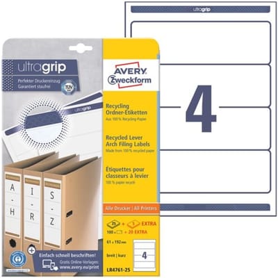 Mapetiketten AVERY® Zweckform, voor printertype inkjet/laser, rechthoekig, permanent, 120 st, B 61 x H 192 mm, brede mappen, papier, natuurwit