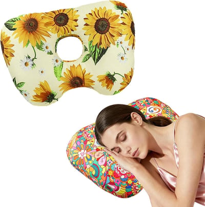 Kussen - Oorkussen voor Zijslapers - Kussen met Gat voor Comfortabel Slapen - Wasbaar Kussen voor Oorbellen en Piercings - 41x27x9 cm - Zonnebloem