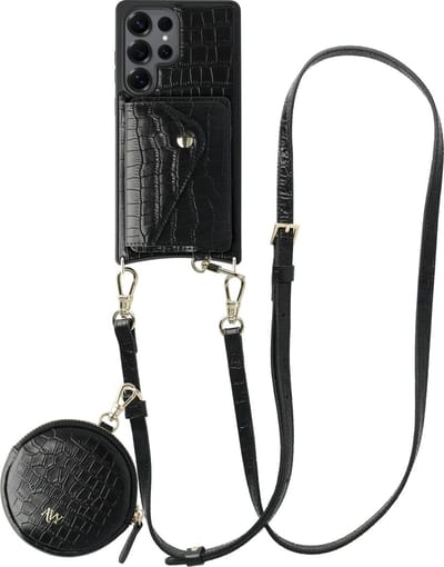 AVY Leren Hoesje geschikt voor Samsung Galaxy S25 Ultra | Met Koord, Wallet en Pouch | Compatibel met MagSafe | Leather Case met 130CM Koord | Long Leather | Croco Zwart