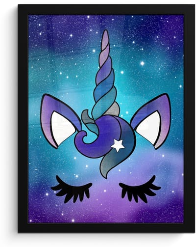 Poster in lijst - Fotolijst 30x40 cm - Posters - Eenhoorn - Sterrenhemel - Ster - Blauw - Posterlijst zwart - Decoratie - Wanddecoratie woonkamer - Muurdecoratie slaapkamer