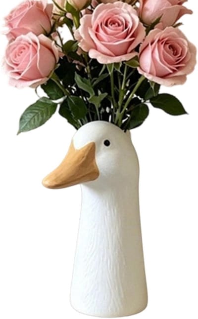 Vaas met dierenkop - Keramiek decoratie - Bloemen presenteren - Uniek ganzenkop ontwerp - 21 cm hoog - Uniek kenmerk