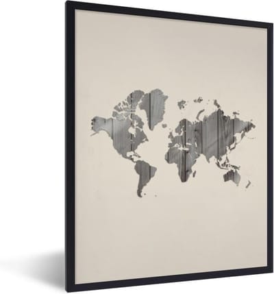 Poster in lijst - Fotolijst 60x80 cm - Posters - Wereldkaart - Hout - Plank - Posterlijst zwart - Decoratie - Wanddecoratie woonkamer - Muurdecoratie slaapkamer