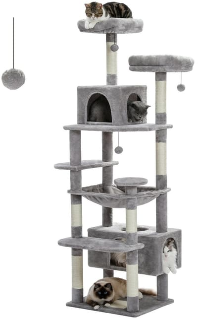 Noventra - krabpaal - krabpaal voor katten - kattenmeubel - 136 cm hoog - modern - grijs - met speelballen - zacht bekleed