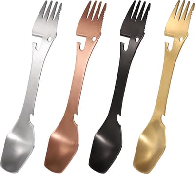 Spork Multifunctionele schenklepel, 5-in-1 roestvrij staal, vork, mes, blikopener, combo, camping, bestek voor picknick, reizen, wandelen, 4 stuks