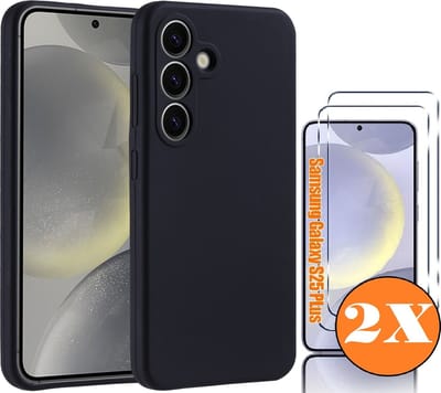 Hoesje geschikt voor Samsung Galaxy S25 Plus Hoesje siliconen Zwart zacht TPU backcover - Met gehard glas screenprotector Galaxy S25 Plus / S24 Plus - 2 stuks