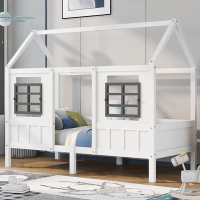 Gutent Eenpersoons Kinderbed, Wit (Zonder matras), 200x90 cm, Dagbed met 2 ramen, frame van grenen, MDF