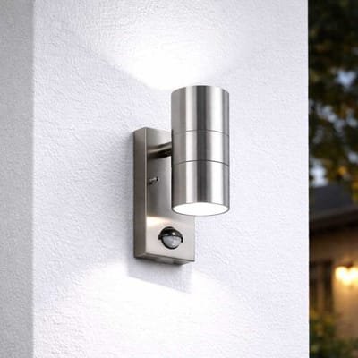 HOFTRONIC Jasmin wandlamp - RVS - 6500K Daglicht wit - Bewegingsmelder en schemerschakelaar - IP44 spatwaterdicht - Up & Downlight voor buiten