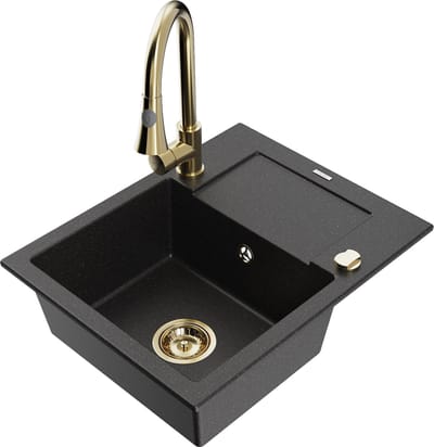 Mexen Enzo granieten gootsteen met 1 bak met afdruiprek en keukenmengkraan Elia, zwart/zilver metallic - 6506-73-670101-50