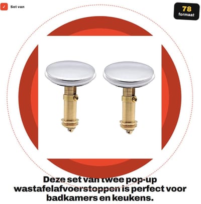 Dailygoods- Wastafelafvalplug 2 Stuks - Pop-up Klik-Clack - Afvoerstop - Verchroomd Messing - Geschikt voor 38mm Gootsteengat - Glad Oppervlak - Afvoerplug