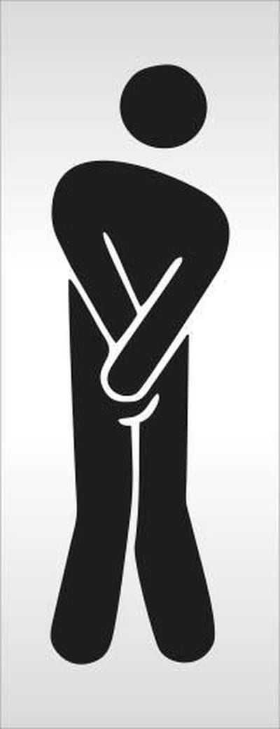Toilet deur tekstbordje WC heren bedrukt met pictogram toilet man moet nodig. - Deurbordje toilet heren. - 130 mm x 50 mm x 0,5 mm.