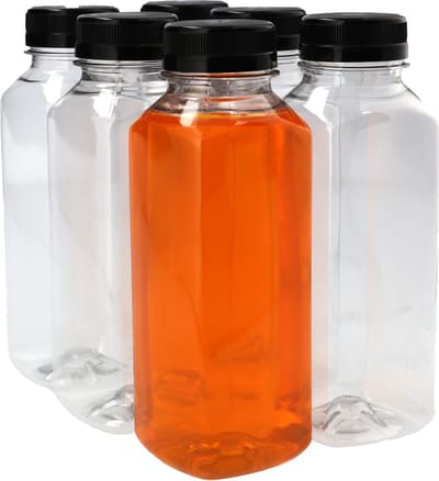 6 x Sapfles Plastic 330 ml - Vierkant - PET Flessen met Dop zwart- PET Kunststof BPA-vrij - Plastic Flessen Navulbaar - Met Dop - Lege Flessen - 6 stuks