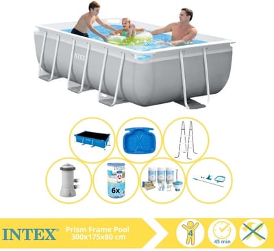 Intex Prism Frame Zwembad - Opzetzwembad - 300x175x80 cm - Inclusief Solarzeil Pro, Onderhoudspakket, Filter, Onderhoudsset en Voetenbad