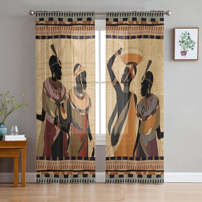 Etnische Stijl Afrikaanse Vrouwen Zwarte Volkskostuum Transparante Gordijnen Slaapkamer Woonkamer Voile Raamgordijnen Tule Gordijnen Kinderkamer 135W x 114H(cm) gray