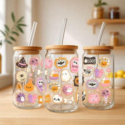 Creasowl® Halloween Sugar Cookies Glazen Beker 500 ml met Deksel & Glazen Rietje – Schattige Halloween Drinkbeker – Iced Coffee Cup – Smoothie & Thee Glas – Origineel Cadeau voor Halloween & Herfst