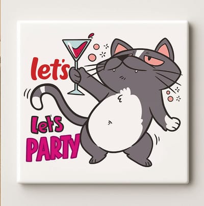 Let’s Party Kat Art Tegel – 15x15cm Grappige Keramische Wanddecoratie, Schattige Drinkende Kat Huisdecoratie