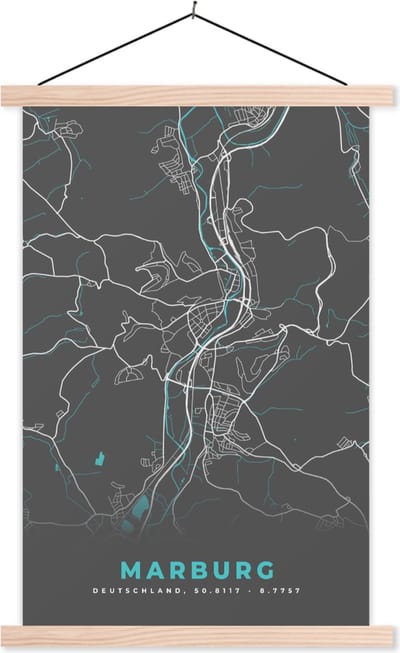 Posterhanger incl. Poster 40x60 cm - Schoolplaat - Stadskaart – Kaart – Marburg – Blauw – Duitsland – Plattegrond - Textielposter - Blanke latten - Stadskaart