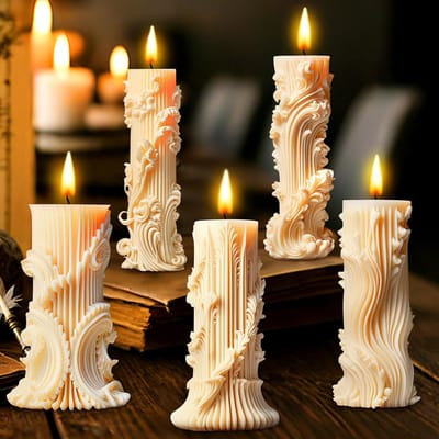 5x Cilindrische Kaarsvormen Set - Siliconen Mal voor DIY Stompkaarsen met Antiek Romeins Patroon