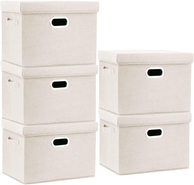 Famanu – Grote opbergdoos met deksel - opvouwbaar en afwasbaar - afmetingen 44 x 30 x 29 cm - set van 5 stuks - beige kleur - duurzaam materiaal - geschikt voor kleding, speelgoed en huishoudelijke opslag