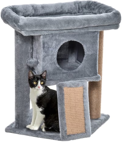 PawHut kattenboom met jute krabmat zitstok hangbal krabplank kattenmeubel met deurgat meubel voor huisdieren MDF pluche jute lichtgrijs 40 x 40 x 57 cm