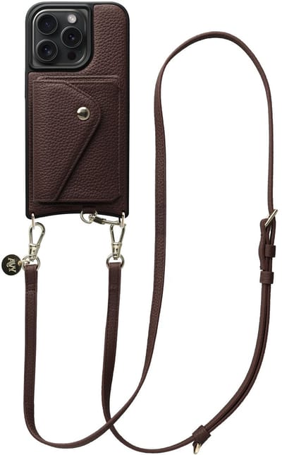 AVY Leren Hoesje geschikt voor Apple iPhone 14 Pro Max | Met Koord en Magnetische Kaarthouder | Compatibel met MagSafe | Leather Case met 130CM Koord & Wallet | Long Leather | Chocolate