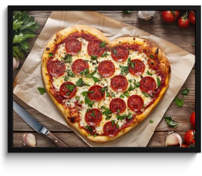 Poster in lijst - Fotolijst 70x50 cm - Posters - Pizza - Hart - Pepperoni - Tomaat - Posterlijst zwart - Decoratie - Wanddecoratie woonkamer - Muurdecoratie slaapkamer