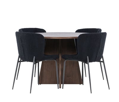 Bootcut eethoek tafel Ø110cm en 4 teddy stoelen mocca.