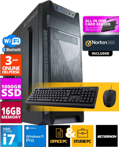 Intel Budget Office PC SET - Office PC + Muis + Toetsenbord - Inclusief Norton 360 & USB SD Card Reader + WiFi & Bluetooth