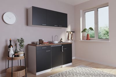 Goedkope keuken 150  cm - complete kleine keuken met apparatuur Luis - Wit/Zwart - keramische kookplaat  - koelkast          - mini keuken - compacte keuken - keukenblok met apparatuur
