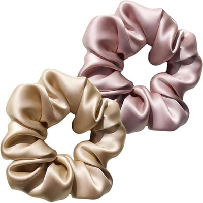 SnelShoppen - Set van 2 Zijden Scrunchies voor Vrouwen - 22 Momme 6A Moerbeizijde - Roze & Champagne - Zachte Haarelastieken Tegen Frizz & Breken - El