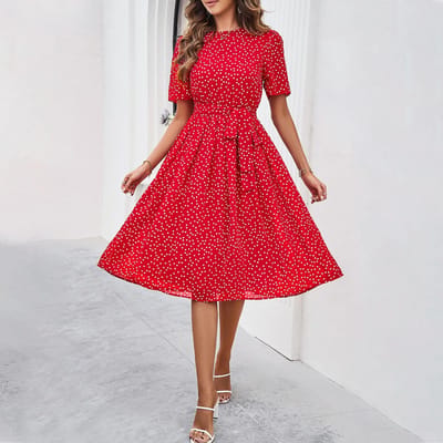 Dames lente en zomer Temperament Casual Polka Dot Lace-up Print Jurk S red
