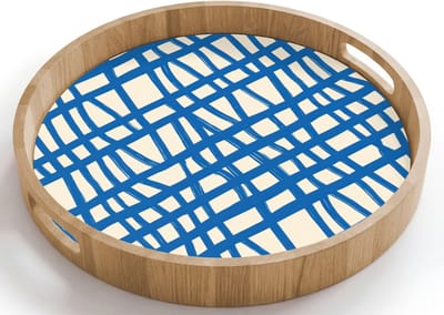 Dienblad rond 40x40 cm - Schootdienblad hout - Ruitpatroon - Blauw - Crème - Borrelplank rechthoek - Plateau houten dienbladen
